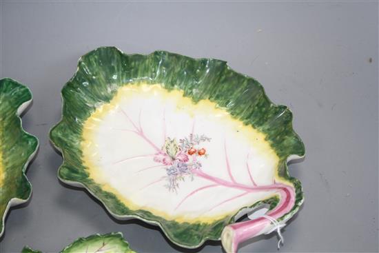 Three Chelsea red anchor leaf dishes, c.1755, 24 and 23.5cm long